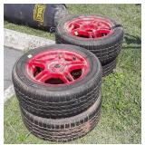 Set of 4 Automotive tires with wheels, 5 lug red