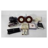 Sunglasses, invitations,  frames, blue pantyhose,