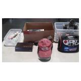 Misc lot, battery charger, ball caps, radio,