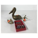 Metalwares, three brass figurines, rabbit marked