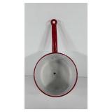 Red and white enameled pan, 8" wear as shown