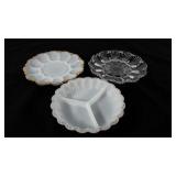 Clear and milkglass deviled egg plates,  plus