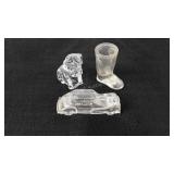 Glass candy holders, three, boot, car and dog,