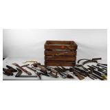 Wooden crate with large assortment of tools, 18"