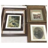 Frames, some with prints, wood and plaster with