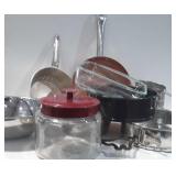 Bakeware: Copper Skillet, Pyrex casserole, cake