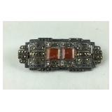 Sterling silver marcasite red agate pin