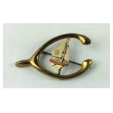 Antique gold filled enamel sailboat wishbone pin