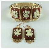 Cognac cameo carved earrings and 6.75in bracelet