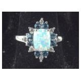 Opal, Blue & White CZ Halo Ring,  3 grams