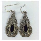 Vintage Black Onyx Fish Hook Earrings,  5.2 grams