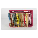 Basket of young readers books, all vintage