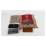 Woven wrapper and rice bag purses, plus three