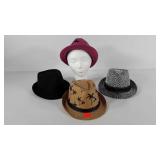 Four summer fedora hats and stryofoam head