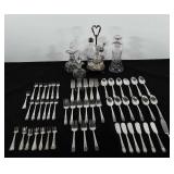 Dinnerware, includes silverware, glass cruets and