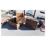 Three early wooden Shipping boxes, wine Bottle,