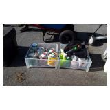 Two plastic drawer bins with paints, and Electric