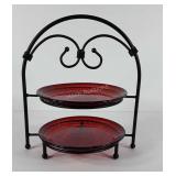 Metal Snack Server Stand with two red glass
