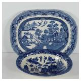 Transferware bowl and platter with blue willow