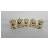 Five spice jars, includes Allspice, Ginger,