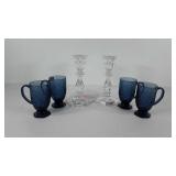 Glass, pair candlesticks 10" and four glass mugs