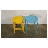 Metal stool and table, brightly colored, table is