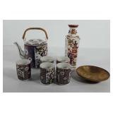 Asian decor, includes teapot with five cups, Vase