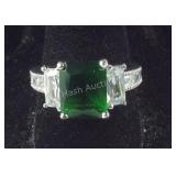 Green & White CZ Ring, silvertone