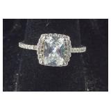 Modern Halo Style CZ Engagement Ring, Silvertone