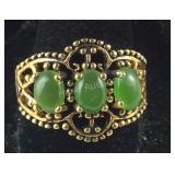 3-Stone Vintage Jade Ring, Gold Plated,  size 10