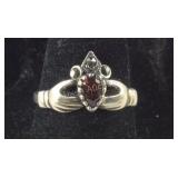 Pear Cut Garnet & Marcasite Claddagh Ring,
