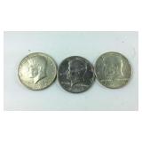 Three Kennedy Half Dollars, 1966, 1968D , and 1971