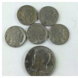 1990-P Kennedy Half Dollar and five buffalo