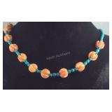 Beaded blue and orange necklace 22in