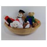 Wooden bowl with group of 5 stuffed animals,