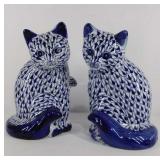 Pair of glazed porcelain blue & white cats. Made