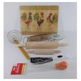 Group of Kitchen items; cutting board, food