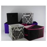 Seven fabric storage totes, one with attached