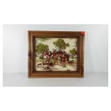 Raised relief fabric horse hunt picture in wooden