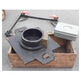 Wooden crate with metal cash box, and wooden