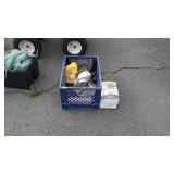 Plastic crate with hose dryer, assorted Hardware,