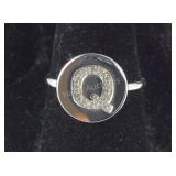 Diamond "Q"  Sterling silver initial ring size 6