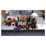 Glassware, assorted amber brown bottles, boot
