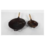 Two cast iron skillets with wooden handles, 6.5"