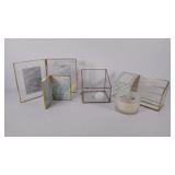 Brass & glass group, 2 picture frames, 2 desk