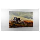 Abandoned wagon canvas painting, artist signed,