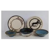 Decorative Pottery, 2 plates & 3 bowls, signed