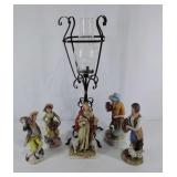 Five porcelain figurines and metal and glass