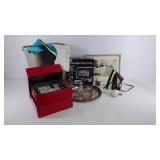 Group of household items; silver plated tray,