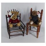 Two teddy bears sitting in wooden chairs